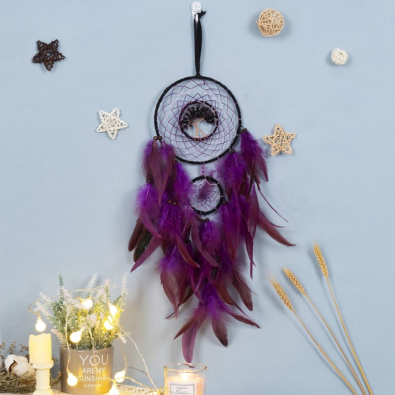 Dreamocean Dream Catcher  Handmade Dreamcatcher with Healing Crystal Stone  Tree of Life Dream Catchers Hanging Ornament for Home Bedroom Birthday Party  Perfect Craft Gift for Kids (Purple) - Image 5